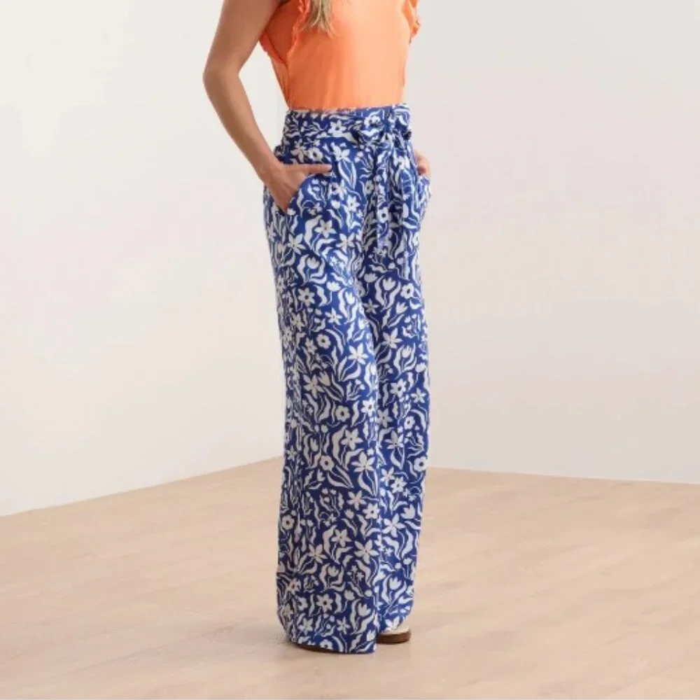 NEW - Hatley Belted Wide Leg Pants - Wavy Flowers - Blue & White - Size S/P - Picture 2 of 5